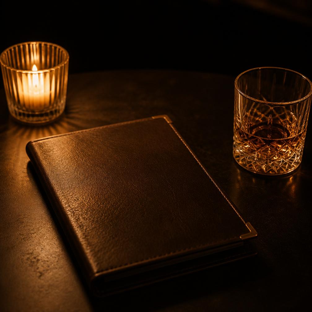 Kerze, Getränkekarte und Glas auf einem dunklen Tisch