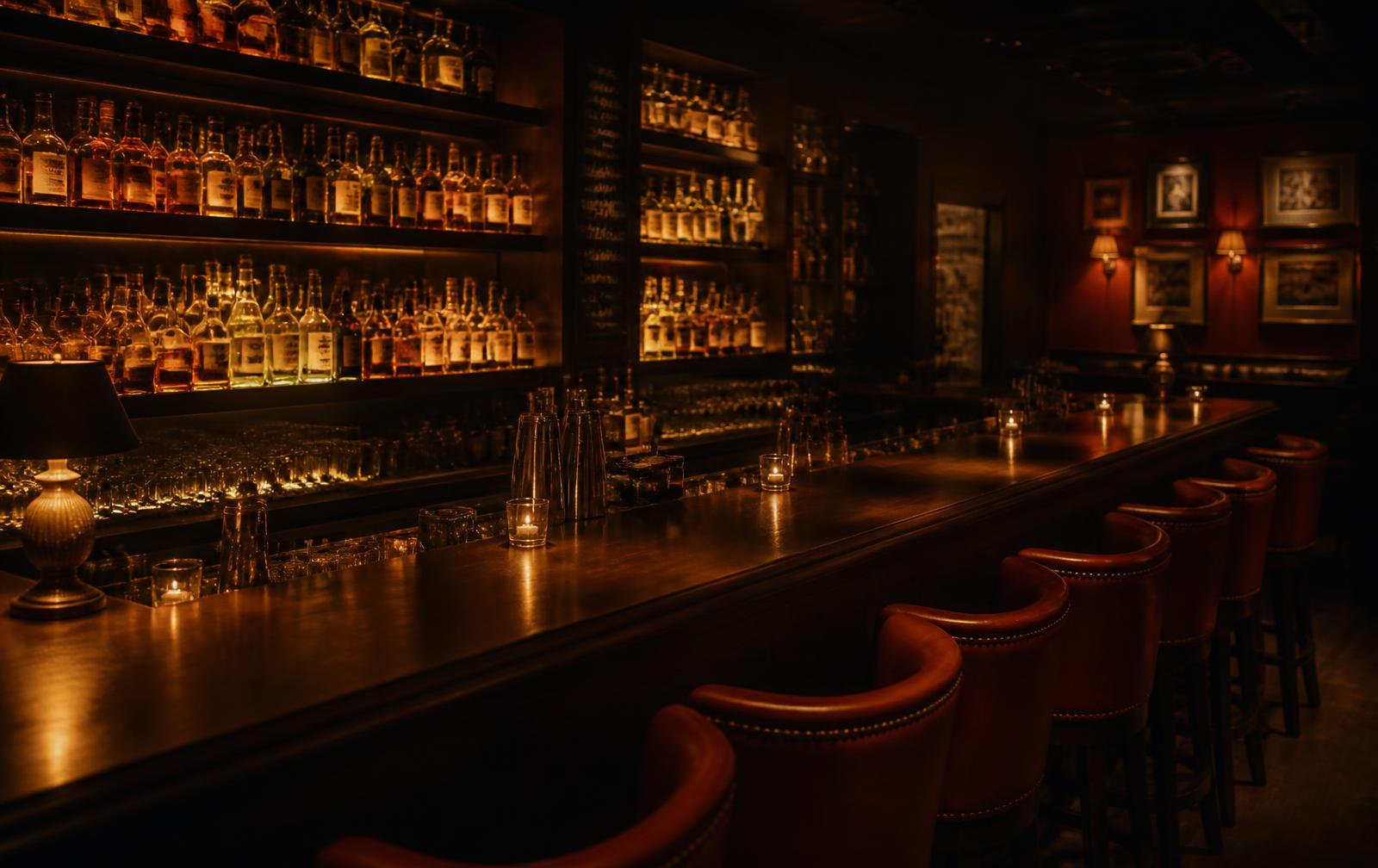 Die Bar im STAGE Projekt mit warm beleuchteten Flaschenregalen