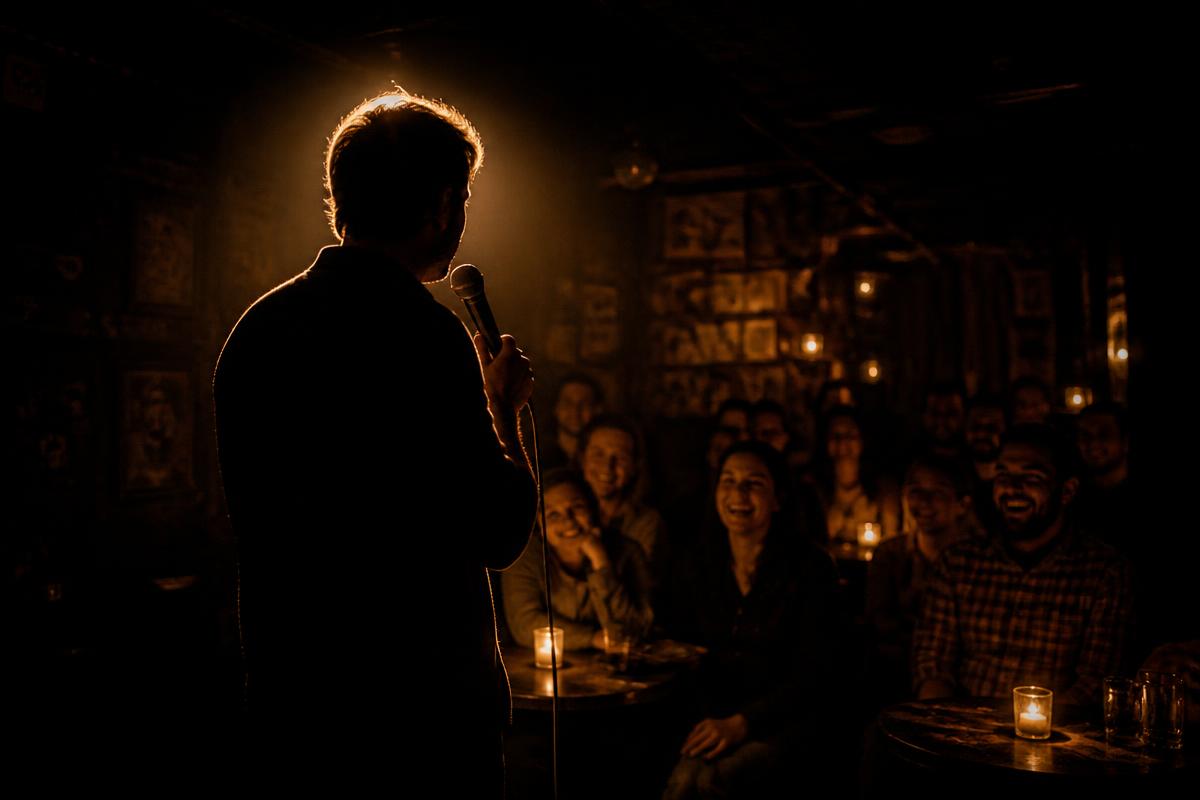 Comedian am Mikrofon vor lachendem Publikum