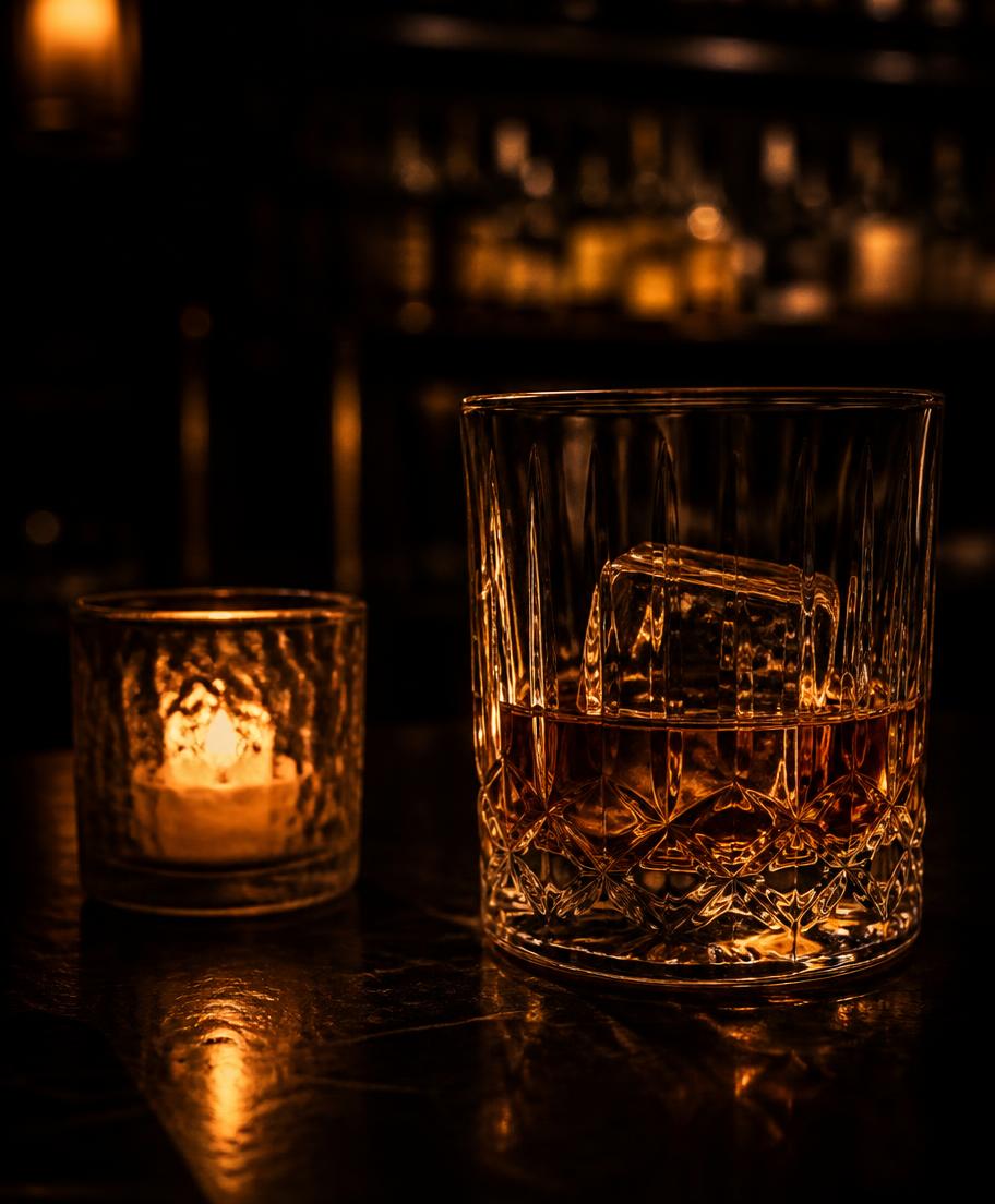 Whisky-Tumbler neben einer Kerze an der Bar