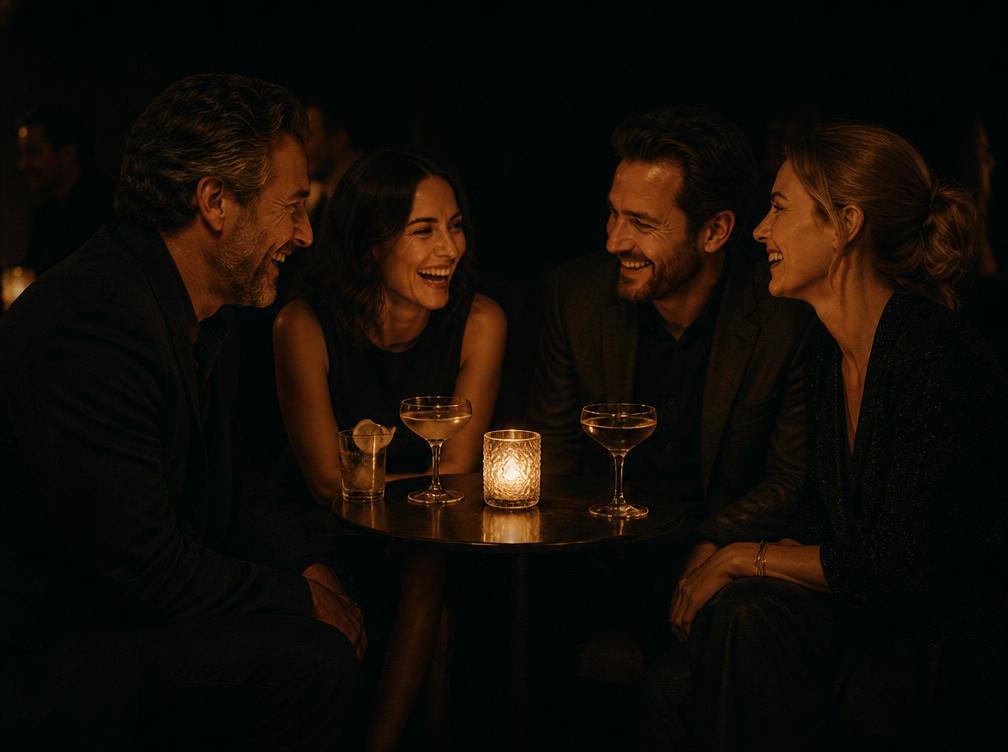 Freunde am Tisch mit Kerze und Cocktails