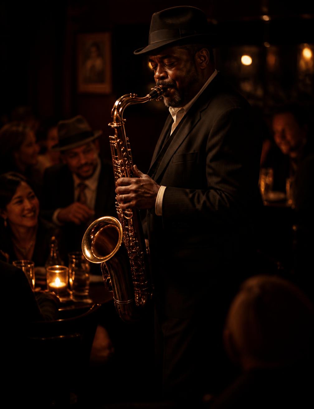 Saxophonist spielt zwischen den Gästen